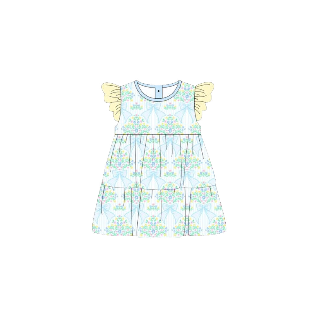 MOQ 5 Preorder GSD2932 Flower Bows Yellow Flying Sleeve Blue Green Dresses for Girls 202510