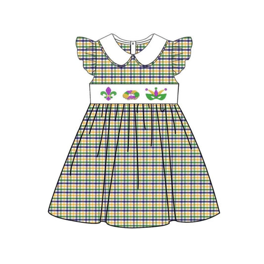 MOQ 5 Preorder GSD2934 Mardi Gras Plaid Doll Collar Flying Sleeve Dresses for Girls 202510