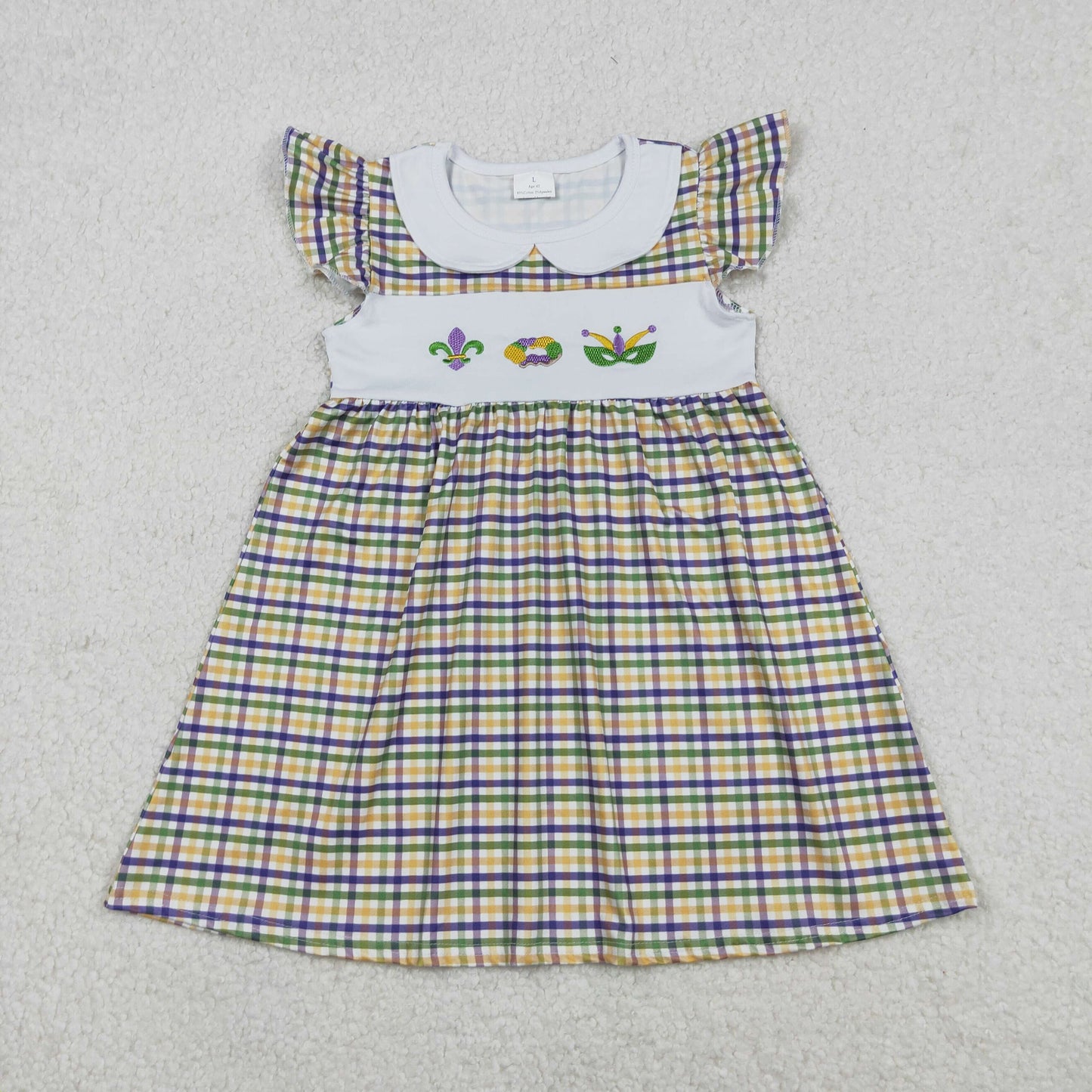 GSD2934 Embroidered Mardi Gras Plaid Doll Collar Flying Sleeve Dresses for Girls 202512 RTS