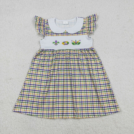GSD2934 Embroidered Mardi Gras Plaid Doll Collar Flying Sleeve Dresses for Girls 202512 RTS