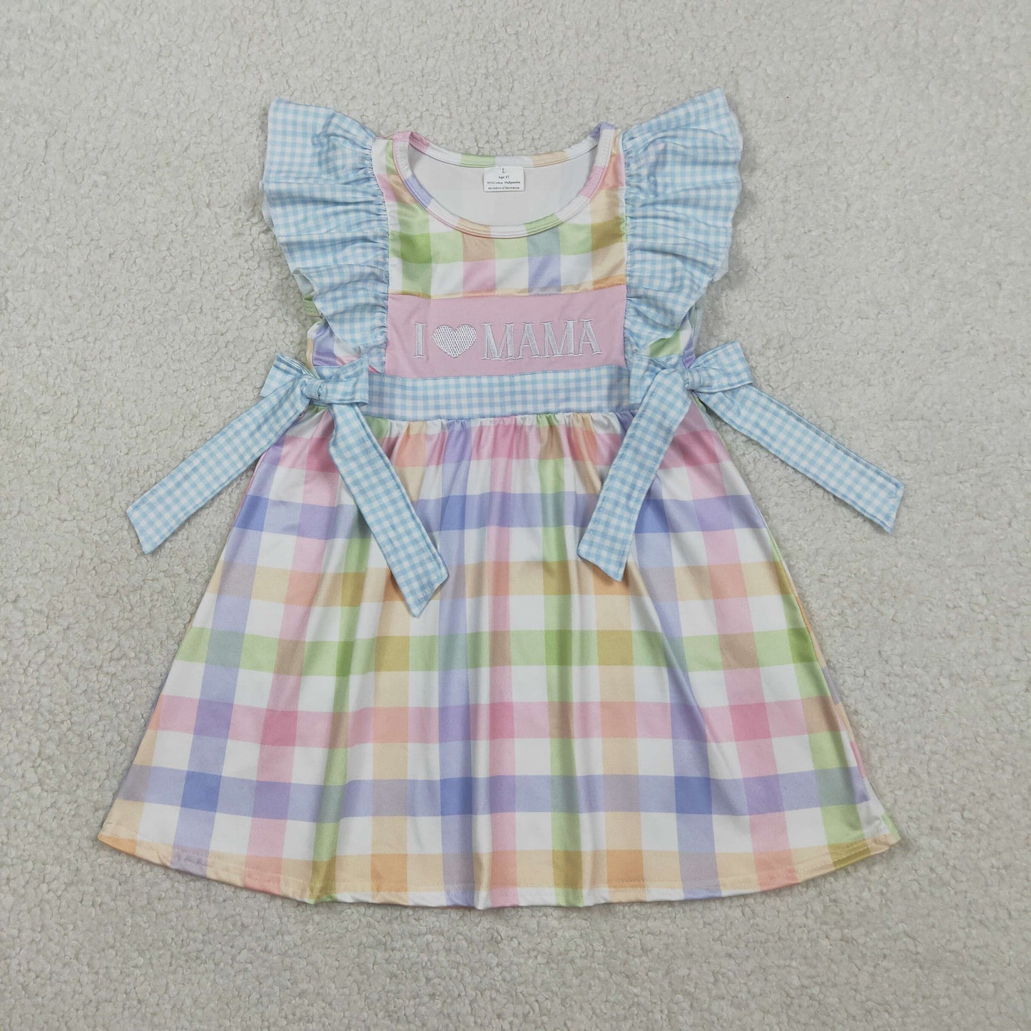 Sibling Matching Clothes Embroidered Mothers Day I Love MOM Letter Colored Plaid Blue Outfit 202603 RTS
