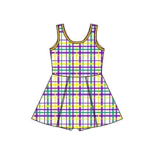 MOQ 5 preorder GSD2945 Mardi Gras Colored Stripe Plaid Yoga Sleeveless Dresses for Girls 202510
