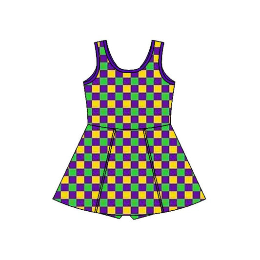 MOQ 5 preorder GSD2946 Mardi Gras Colored Plaid Yoga Sleeveless Dresses for Girls 202510