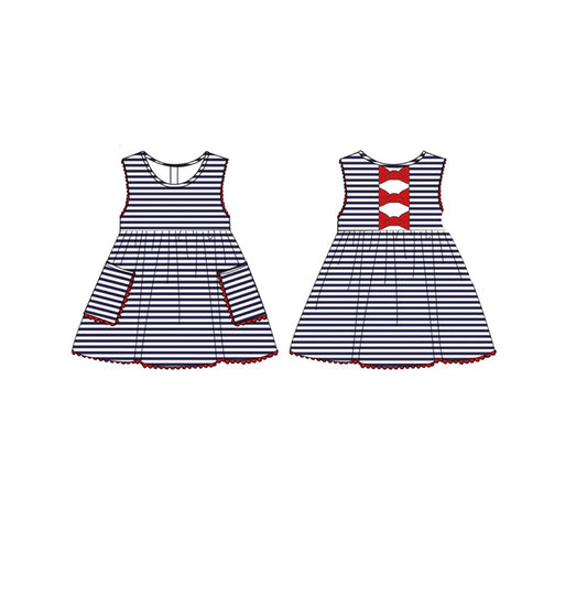 MOQ 5 Preorder GSD2953 4th of July Pocket Navy Stripe Red Bows Sleeveless Dresses for Girls 202510