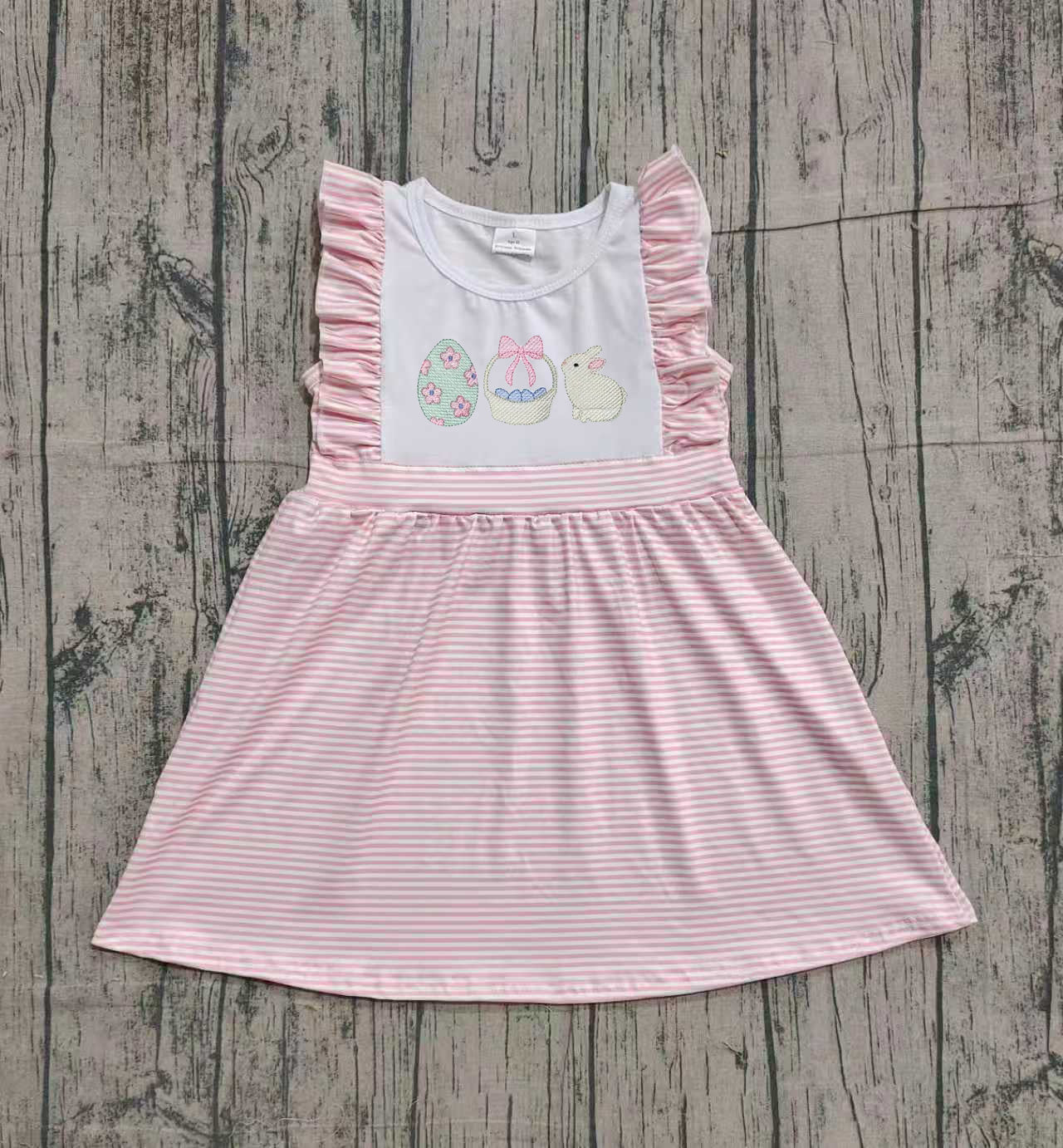 NO MOQ Preorder GSD2957 Embroidered Easter Bunny Pink Stripe Ruffle Sleeveless Dresses for Girls 202512