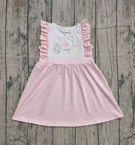 NO MOQ Preorder GSD2957 Embroidered Easter Bunny Pink Stripe Ruffle Sleeveless Dresses for Girls 202512