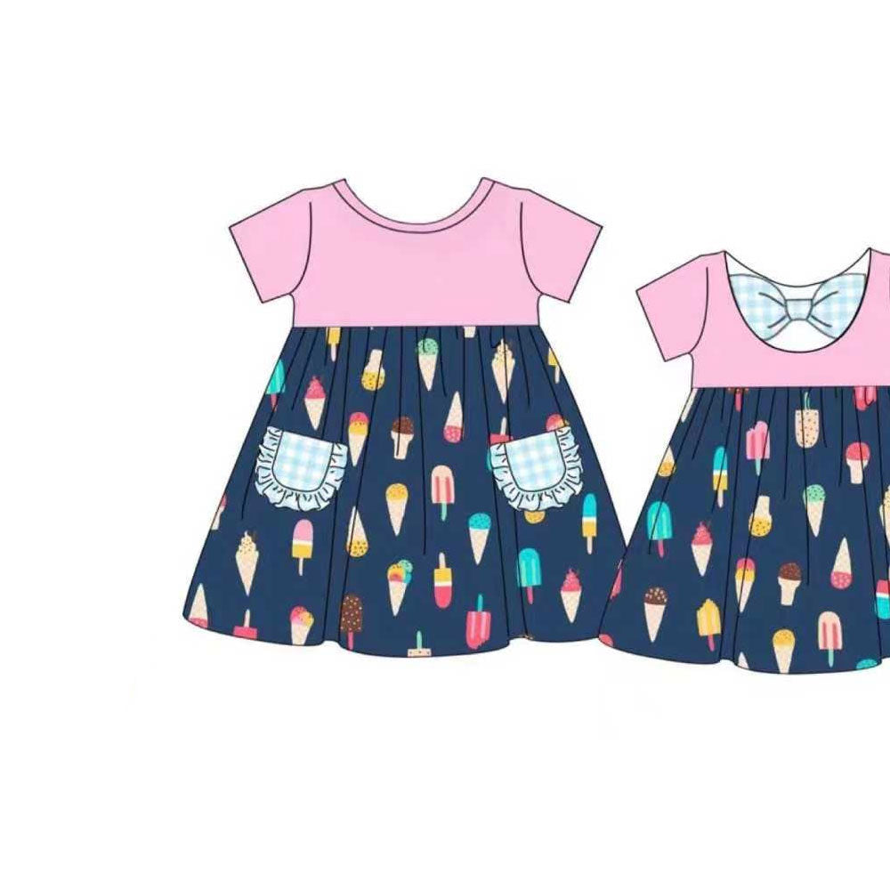 MOQ 5 Preorder GSD2958 Ice Cream Ruffle Pocket Short Sleeve Dresses for Girls 202510