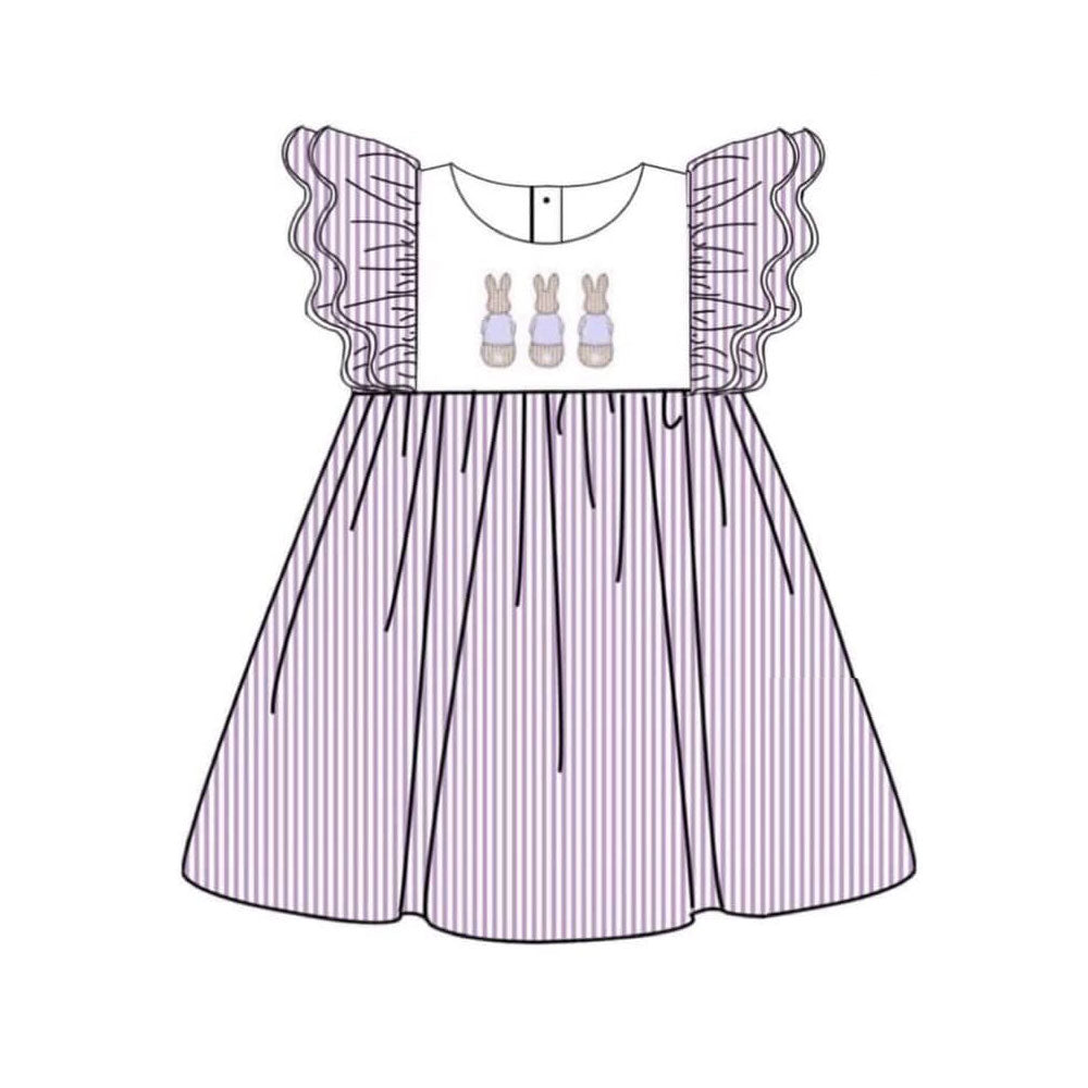 MOQ 5 Preorder GSD2960 Easter Bunny Purple Stripe Flying Sleeve Dresses for Girls 202510