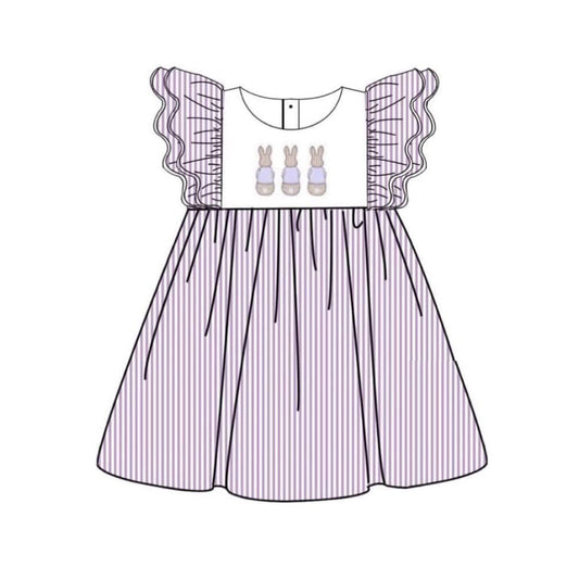MOQ 5 Preorder GSD2960 Easter Bunny Purple Stripe Flying Sleeve Dresses for Girls 202510