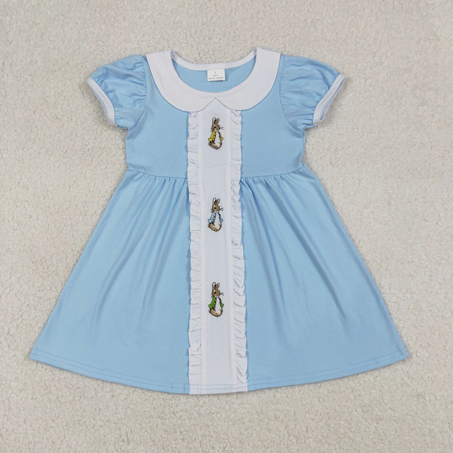 GSD2961 Embroidered Easter Bunny Doll Collar Blue Short Sleeve Dresses for Girls 202601 RTS