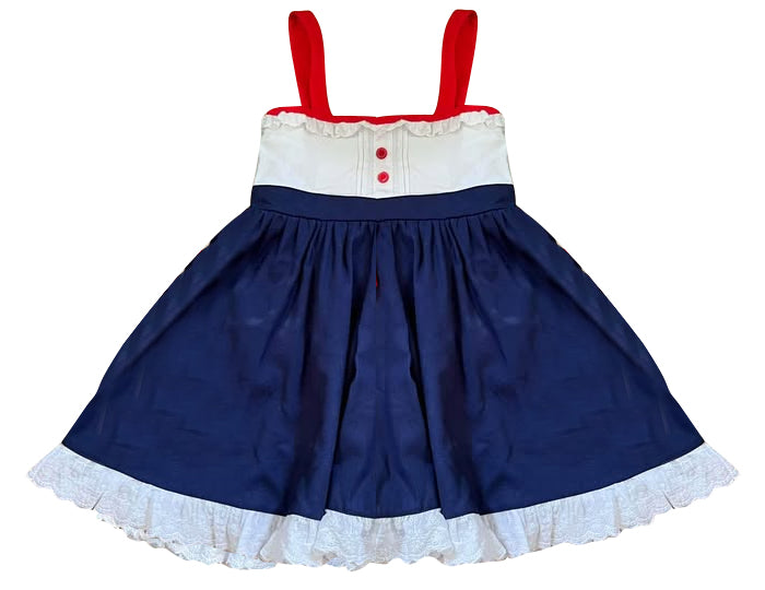 MOQ 5 Preorder GSD2967 4th of July Lace Ruffle Red White Blue Sleeveless Dresses for Girls 202510