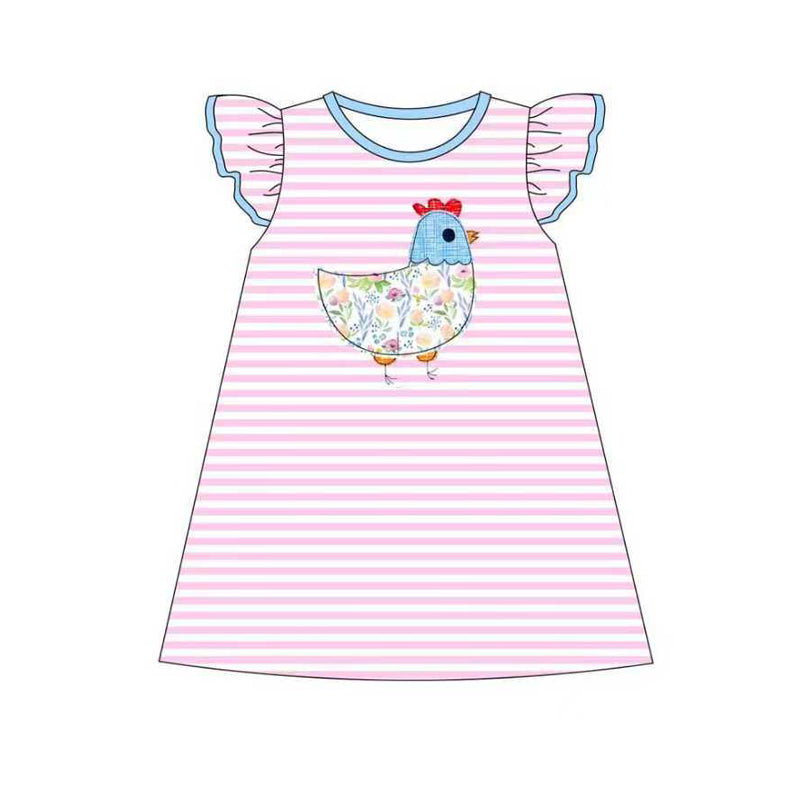 MOQ 5 Preorder GSD2972 Floral Chicken Pink Stripe Flying Sleeve Dresses for Girls 202510