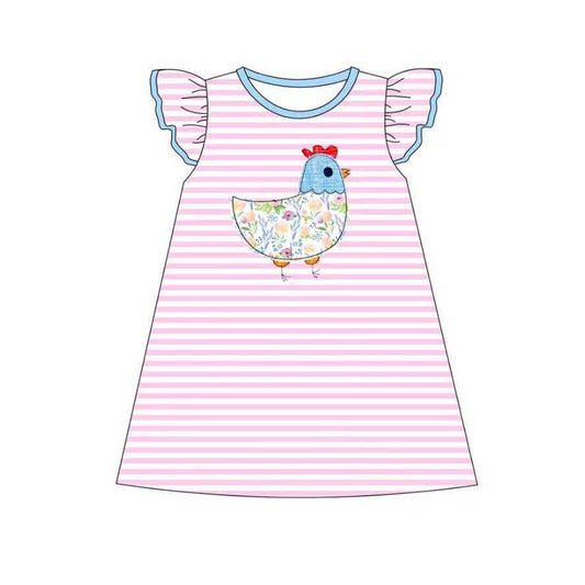 MOQ 5 Preorder GSD2972 Floral Chicken Pink Stripe Flying Sleeve Dresses for Girls 202510