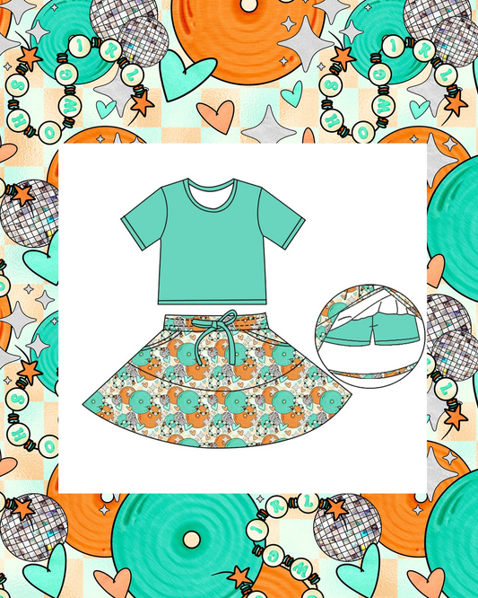MOQ 5 Preorder GSD2974 Showgirl Disco Heart Solid Blue-Green Short-Sleeved Skirt for Girls Sets 202510