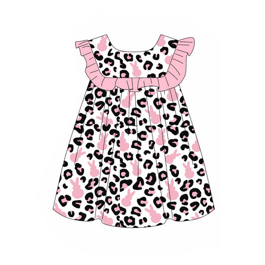 MOQ 5 Preorder GSD2981 Easter Bunny Leopard Pink Ruffle Flying Sleeve Dresses for Girls 202510