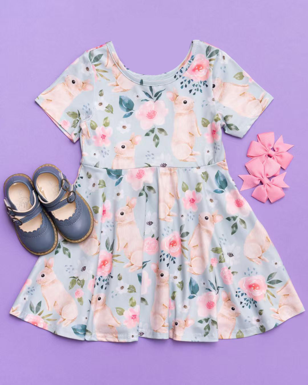 MOQ 5 Preorder GSD2994 Easter Bunny Flower Short Sleeve Dresses for Girls 202510