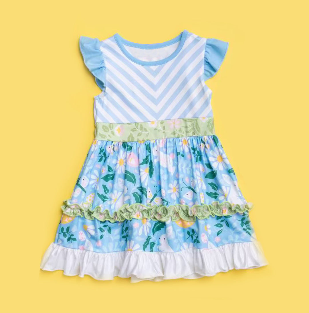 MOQ 5 Preorder GSD2995 Easter Bunny Flower Blue Flying Sleeve Dresses for Girls 202510