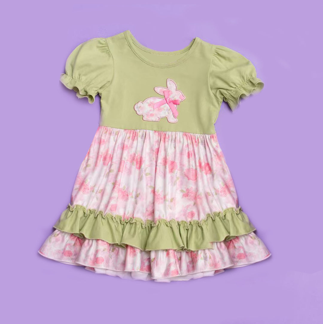 MOQ 5 Preorder GSD2996 Easter Bunny Flower Green Ruffle Short Sleeve Dresses for Girls 202510