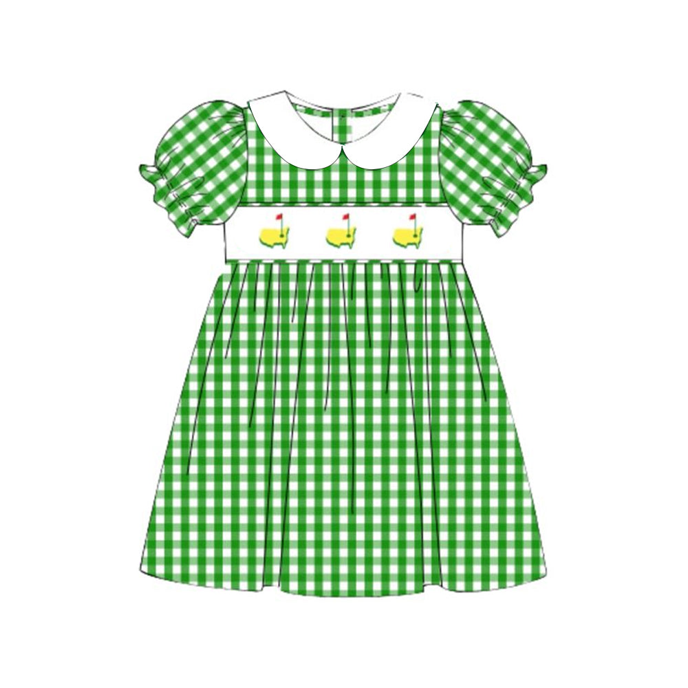 MOQ 5 Preorder GSD2998 Golf Course Red Flag White Doll Collar Green Plaid Short Sleeve Dresses for Girls 202510