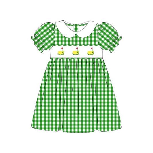 MOQ 5 Preorder GSD2998 Golf Course Red Flag White Doll Collar Green Plaid Short Sleeve Dresses for Girls 202510