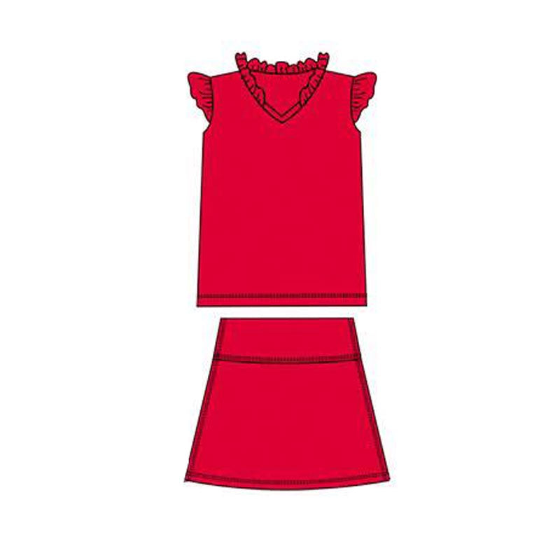 MOQ 5 PCS preorder GSD3013 Solid Red Ruffle Flying Sleeve Skirts Girls Yoga Sets 202511