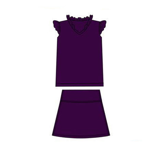 MOQ 5 PCS preorder GSD3014 Solid Purple Ruffle Flying Sleeve Skirts Girls Yoga Sets 202511