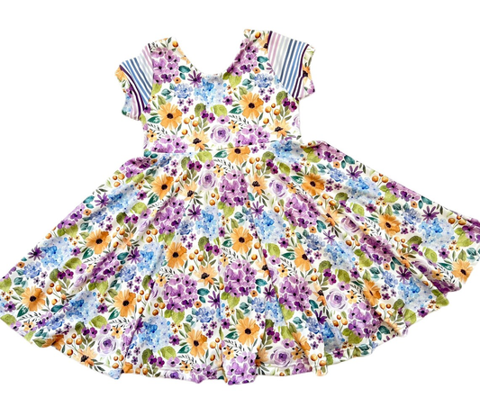 MOQ 5 PCS Preorder GSD3019 Yellow Purple Stripe Flower Short Sleeve Dresses for Girls 202511