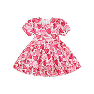 MOQ 5 PCS Preorder GSD3021 Valentines Day Love Pink Short Sleeve Dresses for Girls 202511