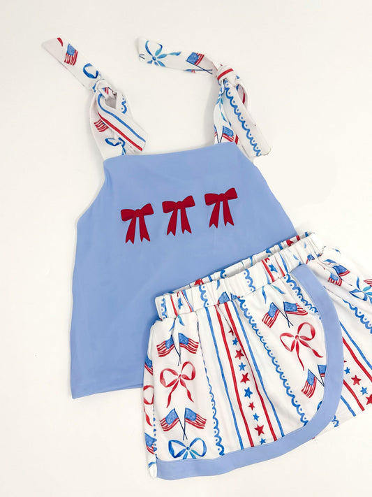 MOQ 5 PCS Preorder GSD3025 4th of July Red Bow Pattern National Flag Star Blue Skirts Girls Sets 202511