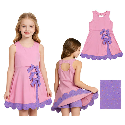 NO MOQ preorder GSD3028 Purple Flower Bows Pink Yoga Sleeveless Dresses for Girls 202603