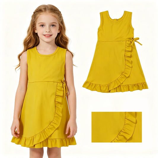 GSD3031 Solid Yellow Ruffle Yoga Sleeveless Dresses for Girls 202605 RTS
