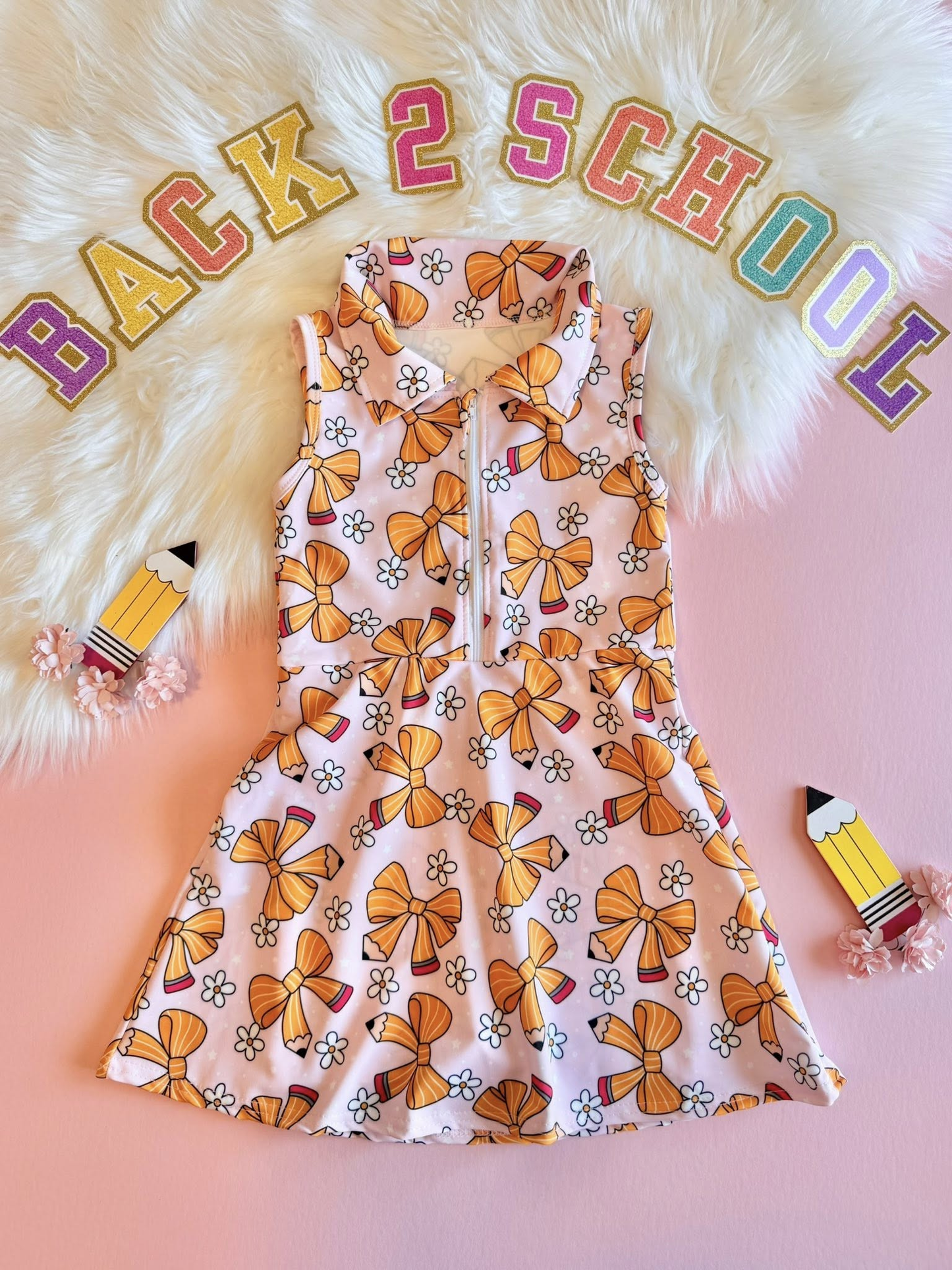 MOQ 5 PCS preorder GSD3037 Back to School Bows Flower Zip Collar Yoga Sleeveless Dresses for Girls 202511