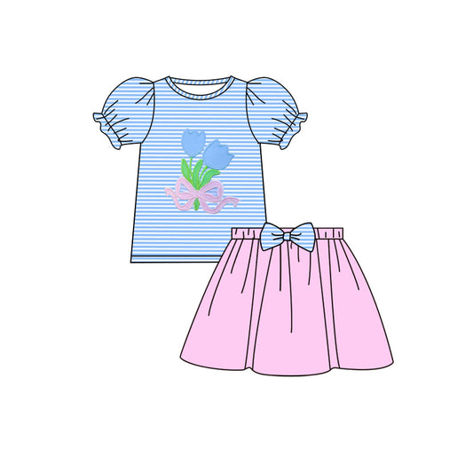 MOQ 5 PCS Preorder GSD3039 Tulip Blue Stripe Short Sleeve Pink Skirts Girls Sets 202511