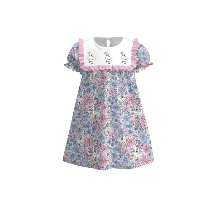 MOQ 5 PCS Preorder GSD3041 Ducks Pink Blue Flower Ruffle Short Sleeve Dresses for Girls 202511