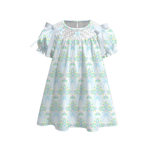 MOQ 5 PCS Preorder GSD3046 Floral Bows Blue Green Short Sleeve Dresses for Girls 202511