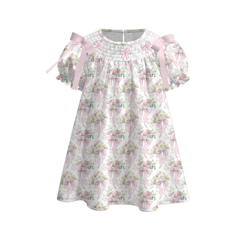 MOQ 5 PCS Preorder GSD3047 Floral Bows Pink Short Sleeve Dresses for Girls 202511