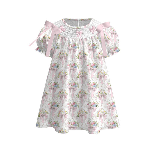 MOQ 5 PCS Preorder GSD3047 Floral Bows Pink Short Sleeve Dresses for Girls 202511