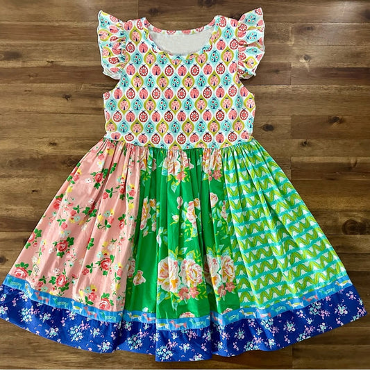 MOQ 5 PCS Preorder GSD3059 Ladybug and Floral Patchwork Flying Sleeve Dresses for Girls 202511