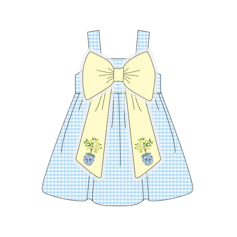 MOQ 5 PCS Preorder GSD3063 Plant Vase Yellow Bow Blue Plaid Sleeveless Dresses for Girls 202511