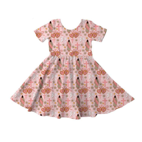 MOQ 5 PCS Preorder GSD3071 Easter Cross Flower Pink Short Sleeve Dresses for Girls 202511