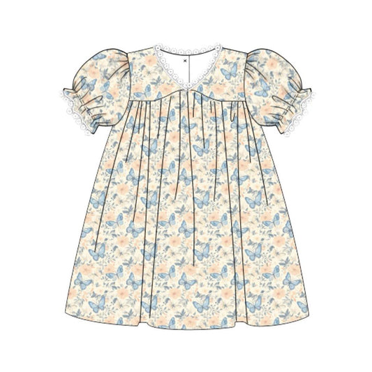 MOQ 5 PCS Preorder GSD3074 Butterfly Flower V-neck Short Sleeve Dresses for Girls 202511