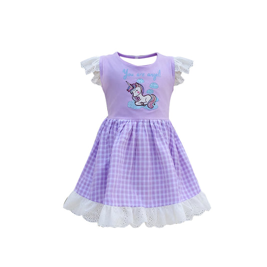 MOQ 5 PCS Preorder GSD3077 Unicorn Lace Ruffle Purple Plaid Short Sleeve Dresses for Girls 202511