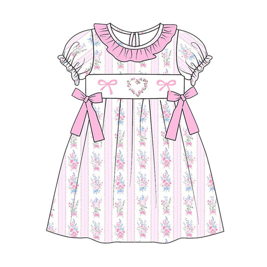 MOQ 5 PCS Preorder GSD3078 Valentines Day Love Bows Stripe Pink Ruffle Short Sleeve Dresses for Girls 202511
