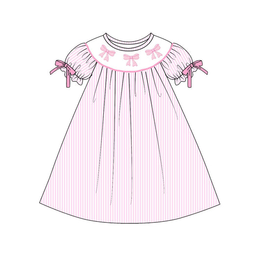 MOQ 5 PCS Preorder GSD3080 Valentines Day Bows Stripe Pink Short Sleeve Dresses for Girls 202511