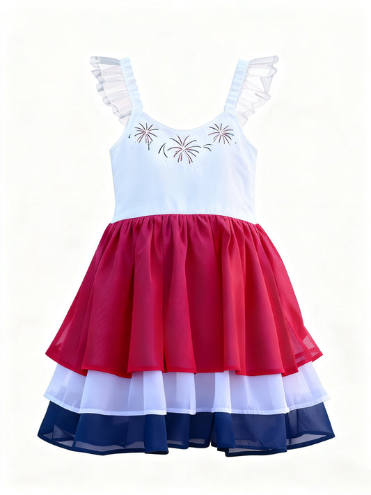 MOQ 5 PCS Preorder GSD3084 4th of July Fireworks Red Blue Flying Sleeve Dresses for Girls 202511