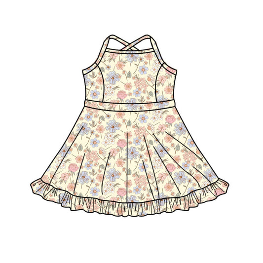 MOQ 5 PCS preorder GSD3088 Pink Blue Flower Beige Yoga Sleeveless Dresses for Girls 202511