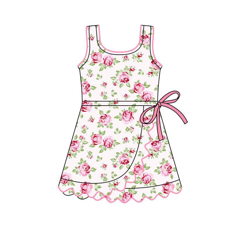 MOQ 5 PCS preorder GSD3093 Flower Leaf Ruffle Pink Bow Yoga Sleeveless Dresses for Girls 202511