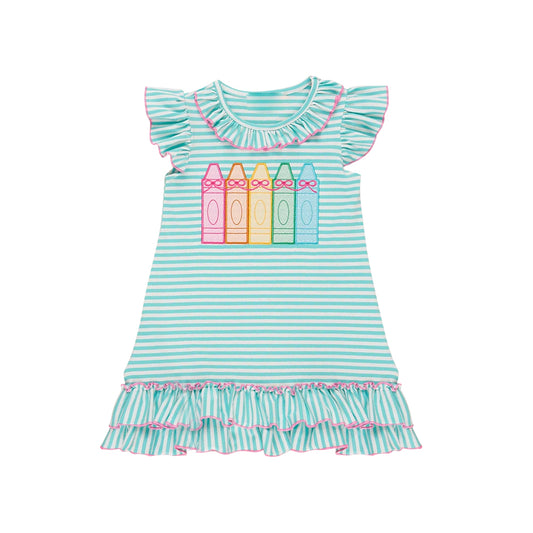 MOQ 5 PCS Preorder GSD3104 Back to School Blue Green Stripe Ruffle Flying Sleeve Dresses for Girls 202511