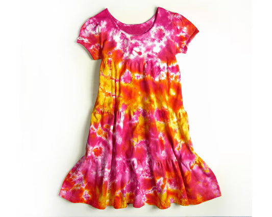 MOQ 5 PCS Preorder GSD3110 Tie-Dye Rose Red Orange Short Sleeve Dresses for Girls 202511