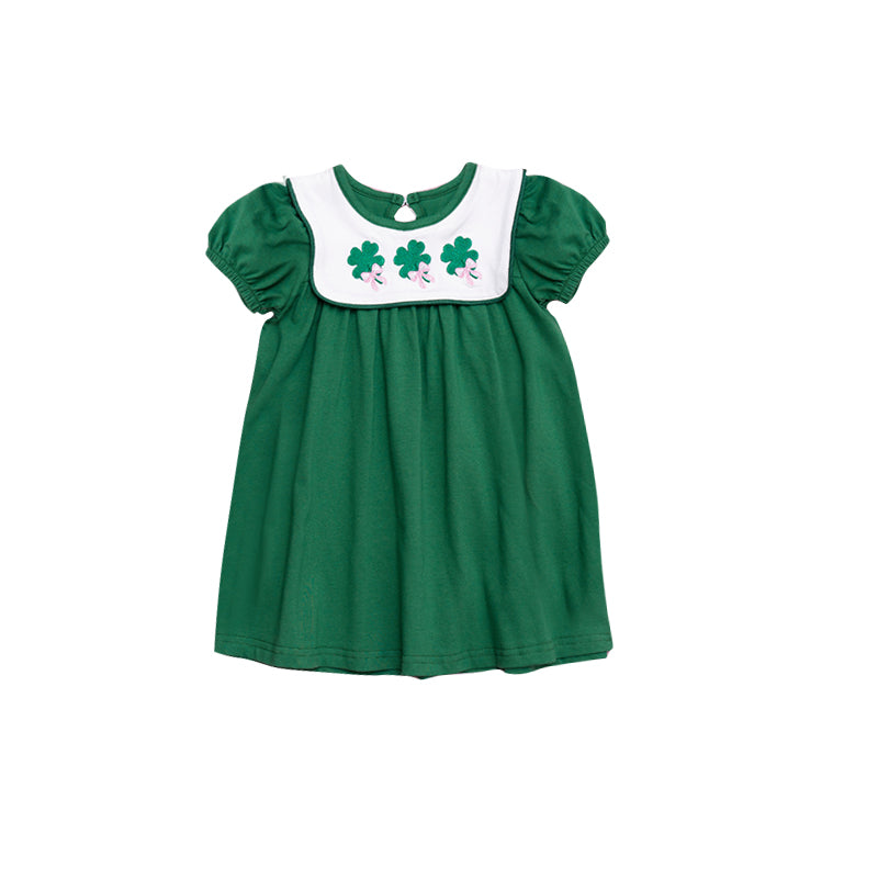 MOQ 5 PCS Preorder GSD3117 St. Patrick's Day Pink Bow Four-Leaf Clover Dark Green Short Sleeve Dresses for Girls 202511